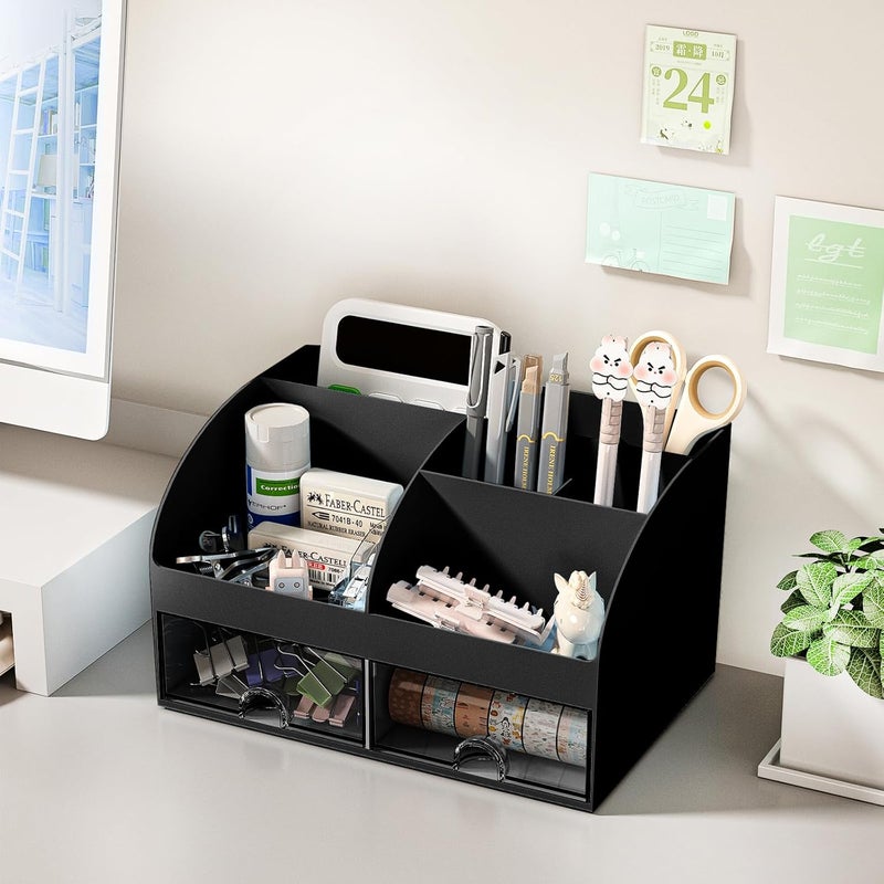 COMFYROOM Desk Organizer with 6 Compartments and 2 Drawers, Plastic Makeup Organizer, Pen Holder for Desktop Storage, Desk Organization for School, Home, Office Supplies (Black) - Image 4